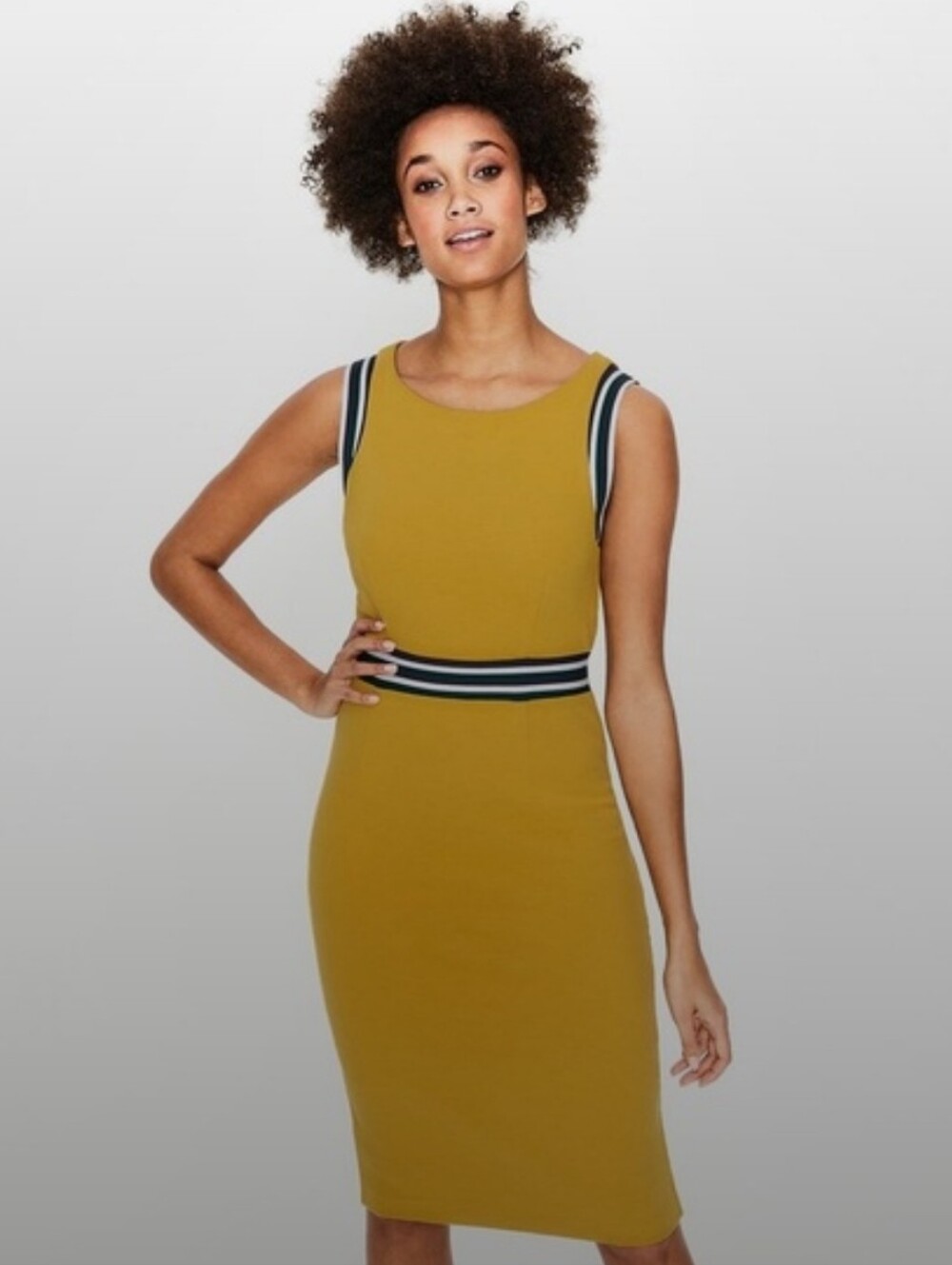 Boden Mustard Midi Dress with Navy Accents